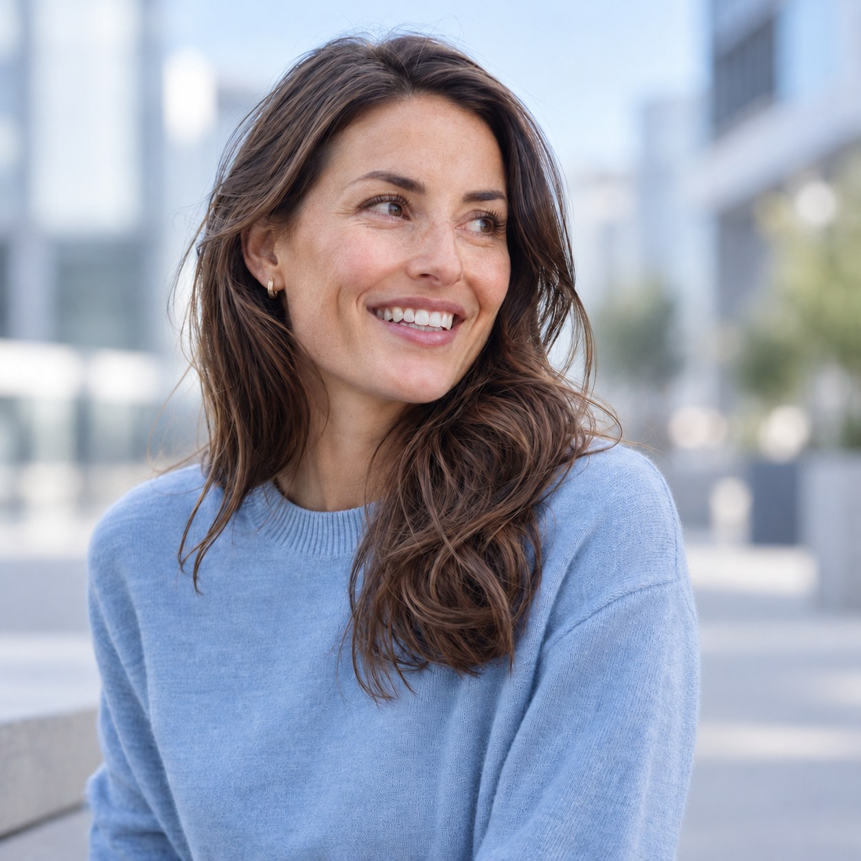 Smiling woman in a pale blue sweater outdoors